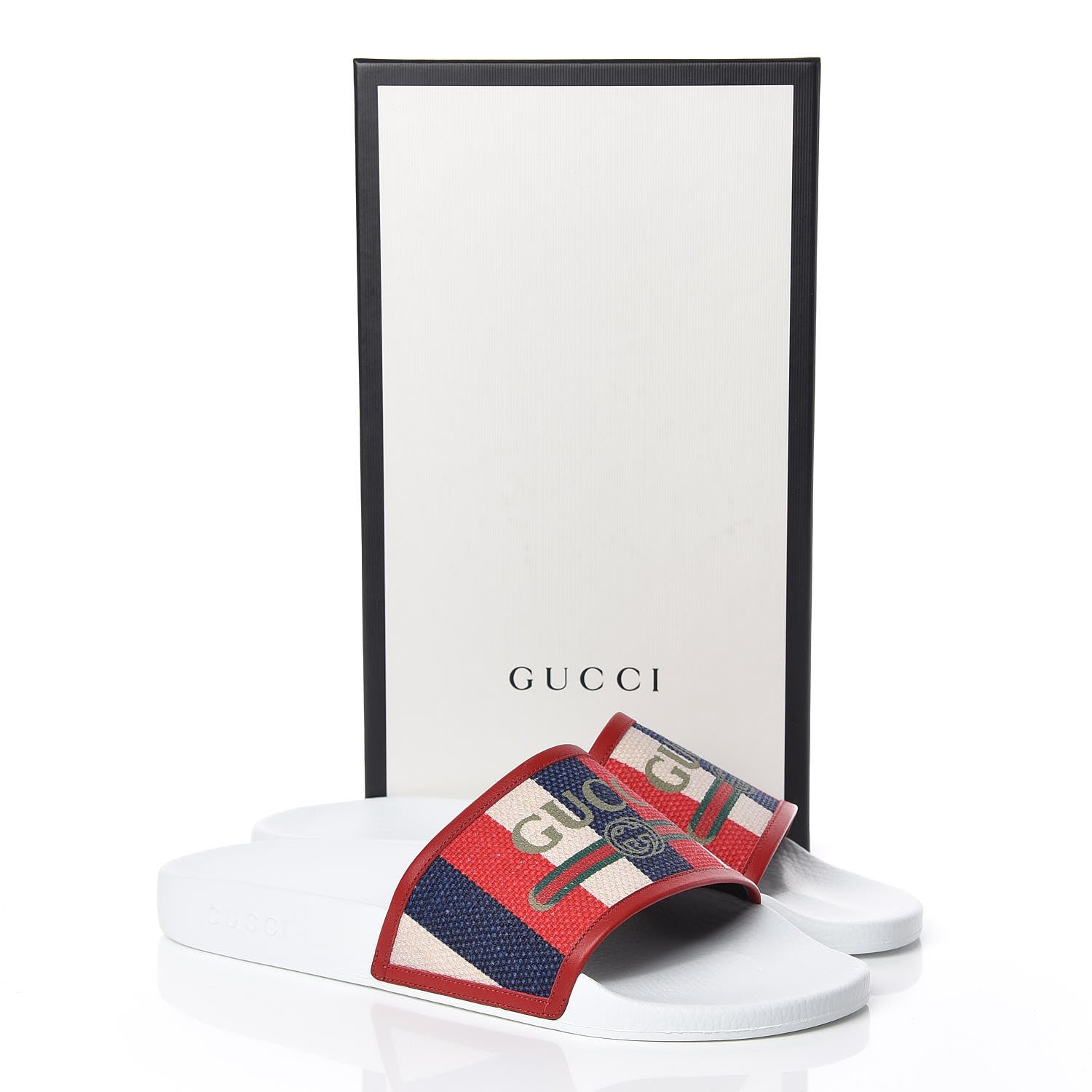 Gucci Canvas Sylvie Stripe Logo Mens Pursuit Slide Sandals 13 Mystic White Hibiscus Red Maritime 8 of 8