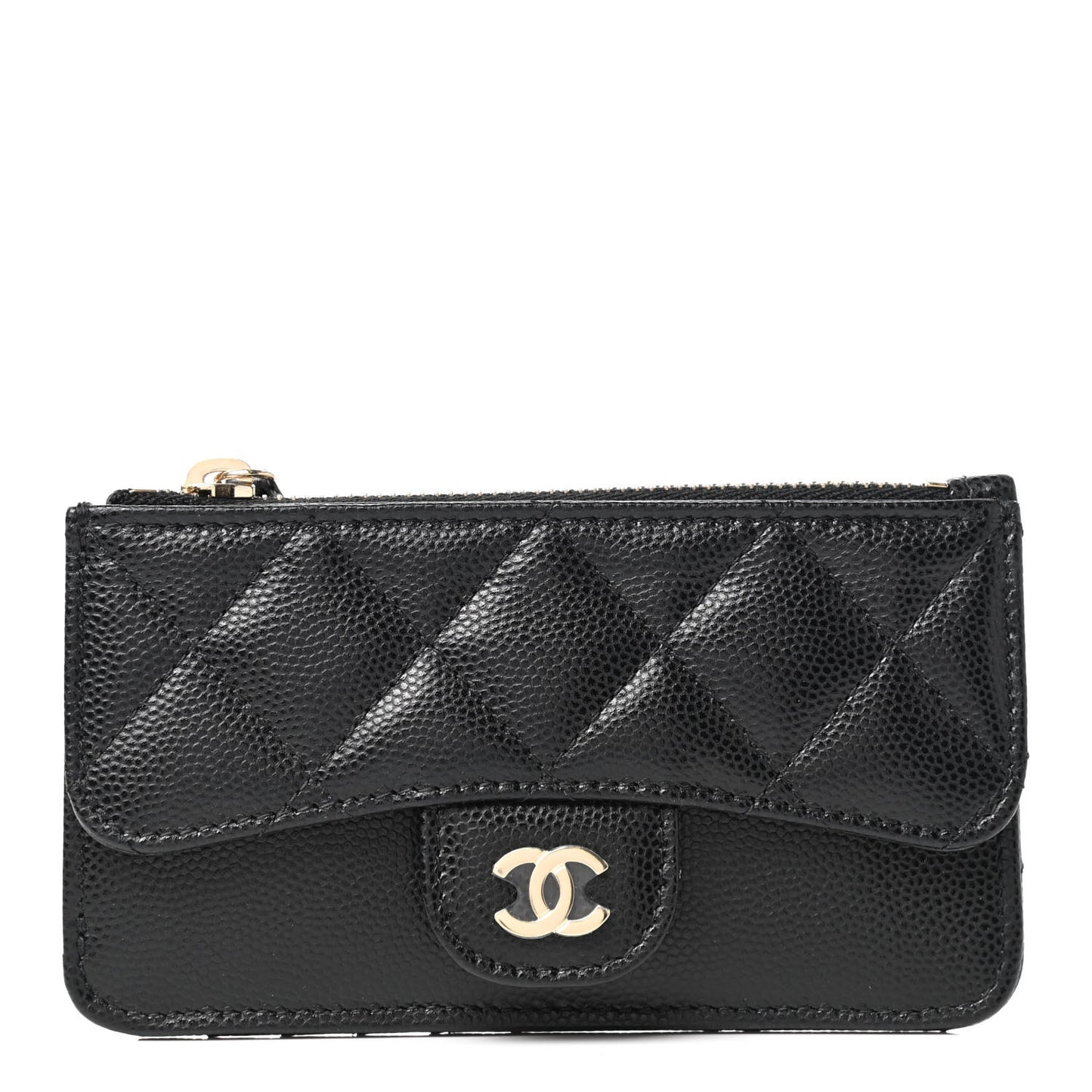 Caviar Quilted Flap Zip Card Holder Black