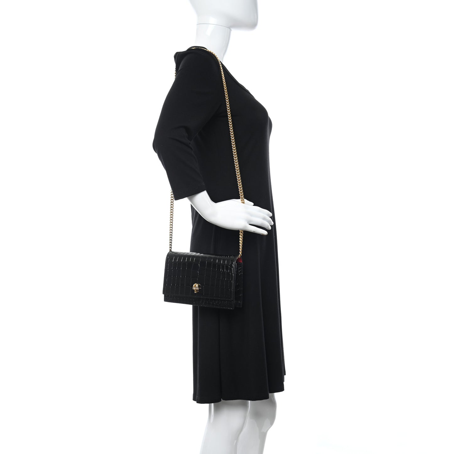 Calfskin Crocodile Embossed Skull Mini Crossbody Bag Black