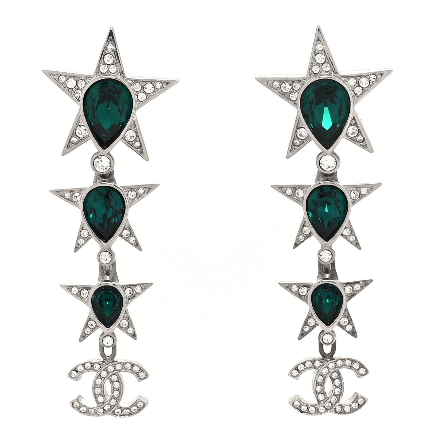 Crystal CC Star Drop Earrings Silver Green