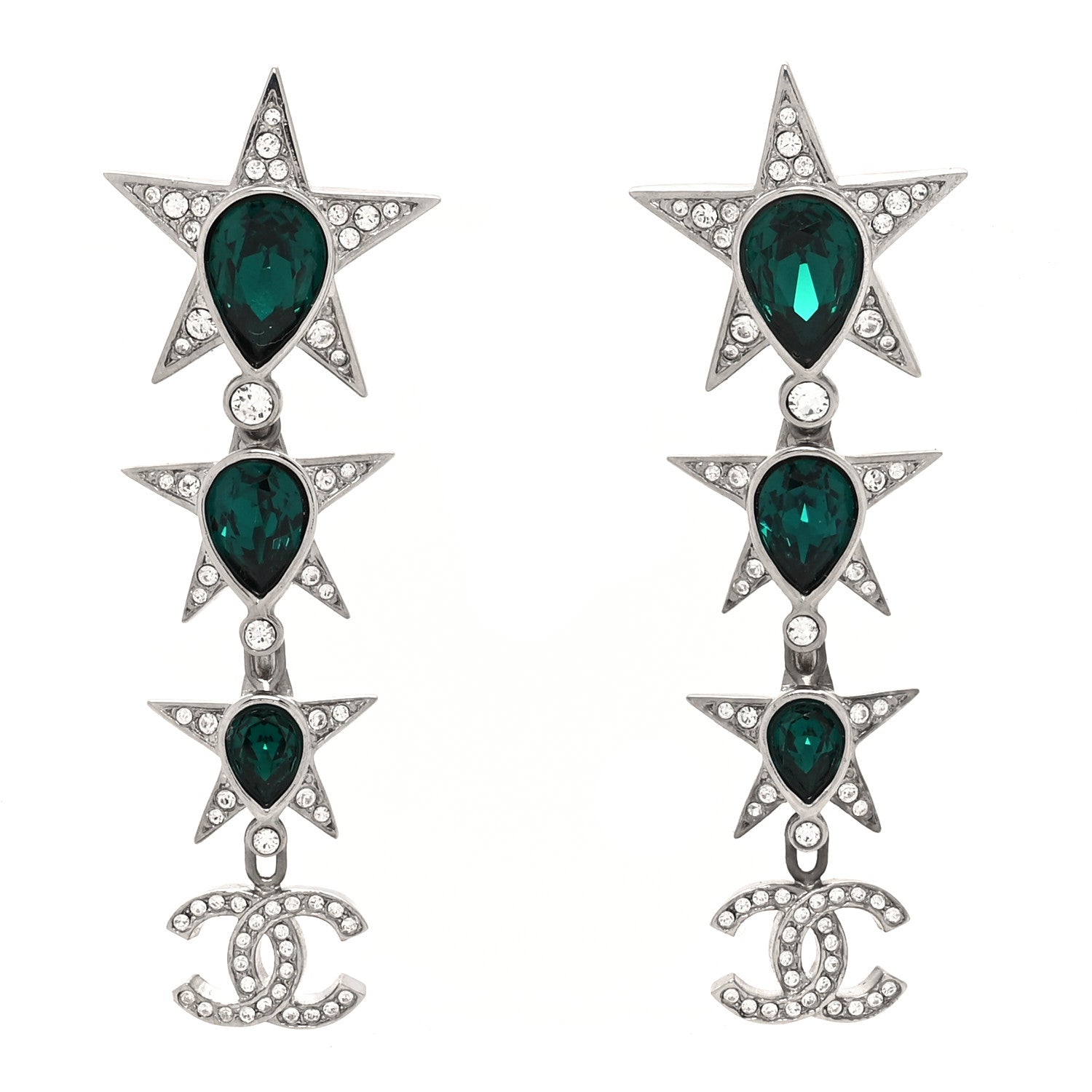 Chanel Crystal CC Star Drop Earrings Silver Green 1 of 4