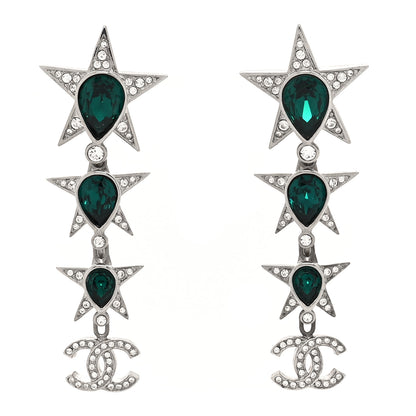 Chanel Crystal CC Star Drop Earrings Silver Green 1 of 4