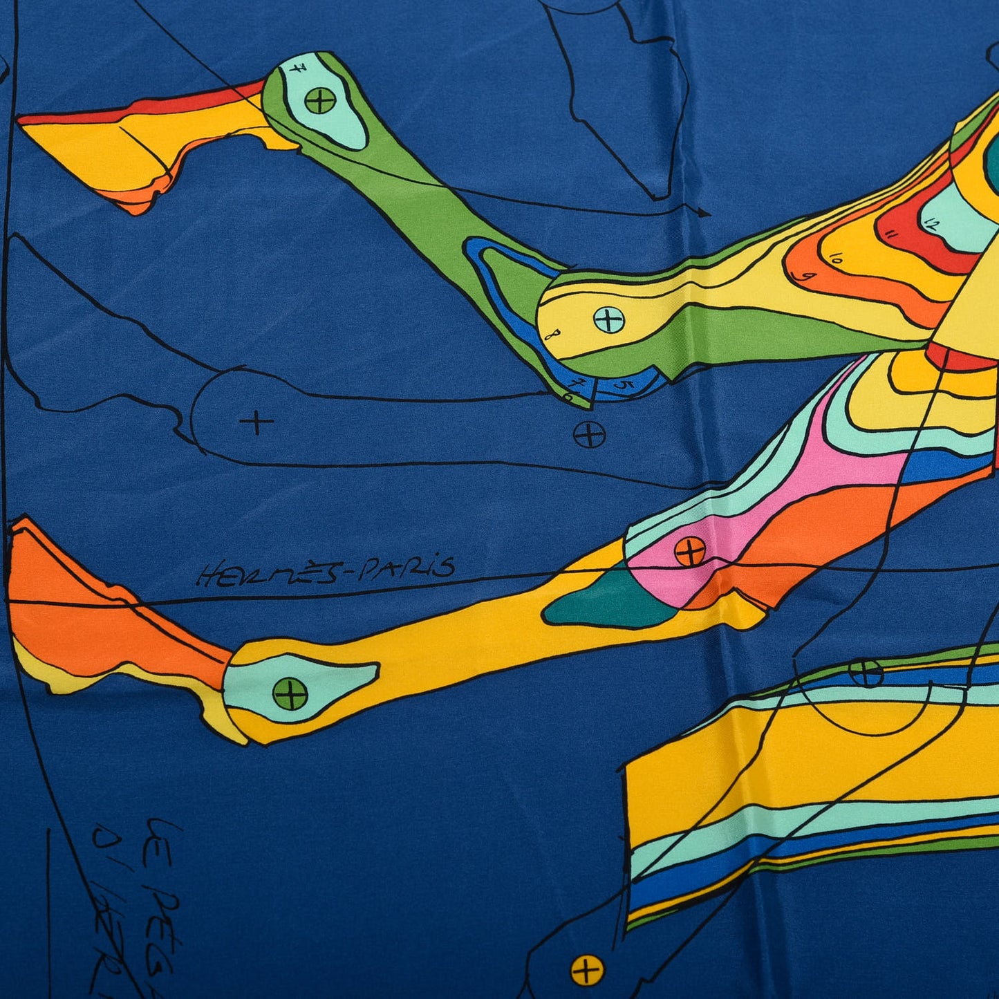 Silk Le Pegase d'Hermes Cut Wash 140 Scarf Marine Jaune Vif Multicolore