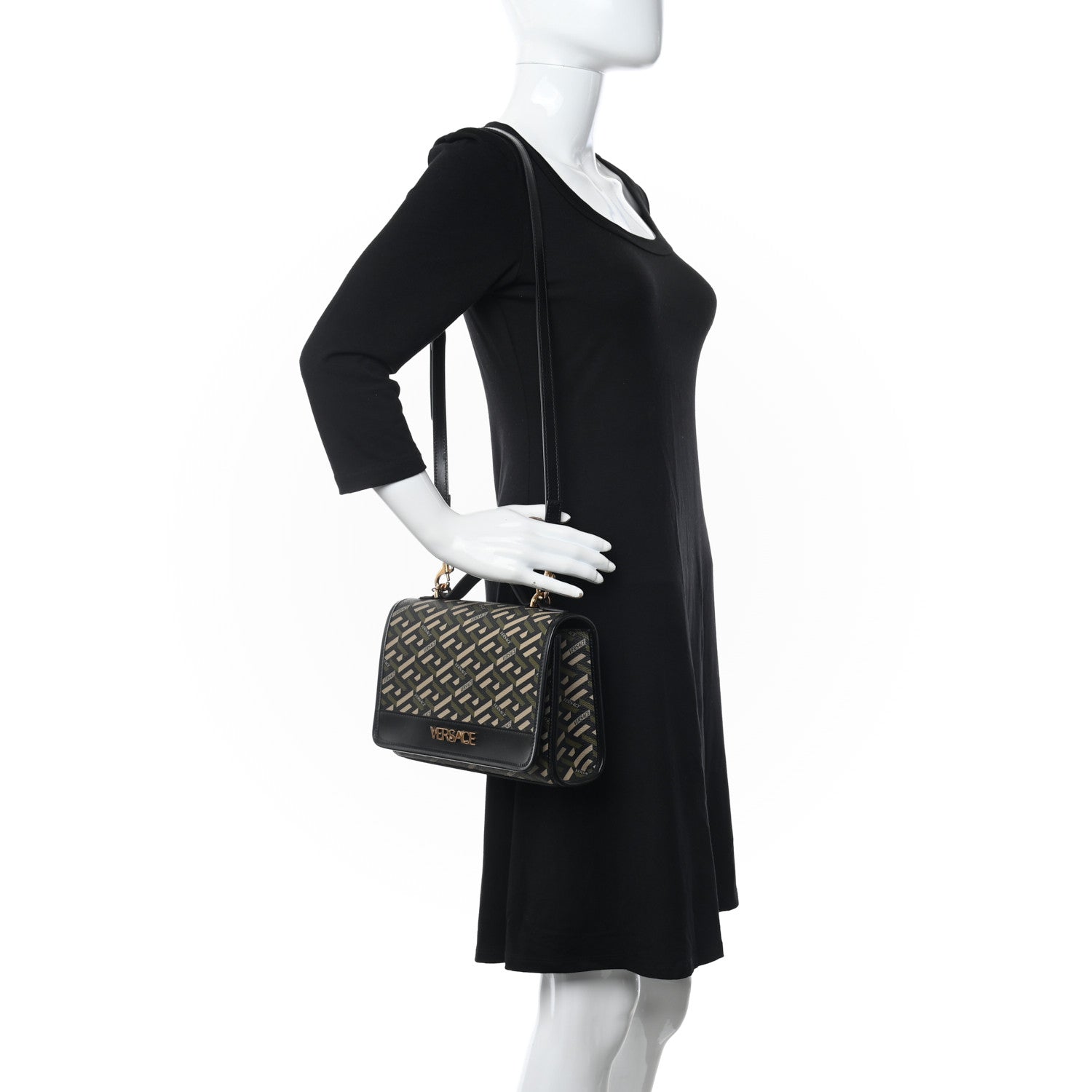 Versace Coated Canvas La Greca Signature Top Handle Bag Black Khaki 2 of 9