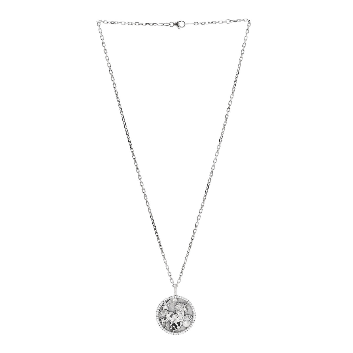 18K White Gold Diamond Lucky Unicorn Talisman Pendant Necklace