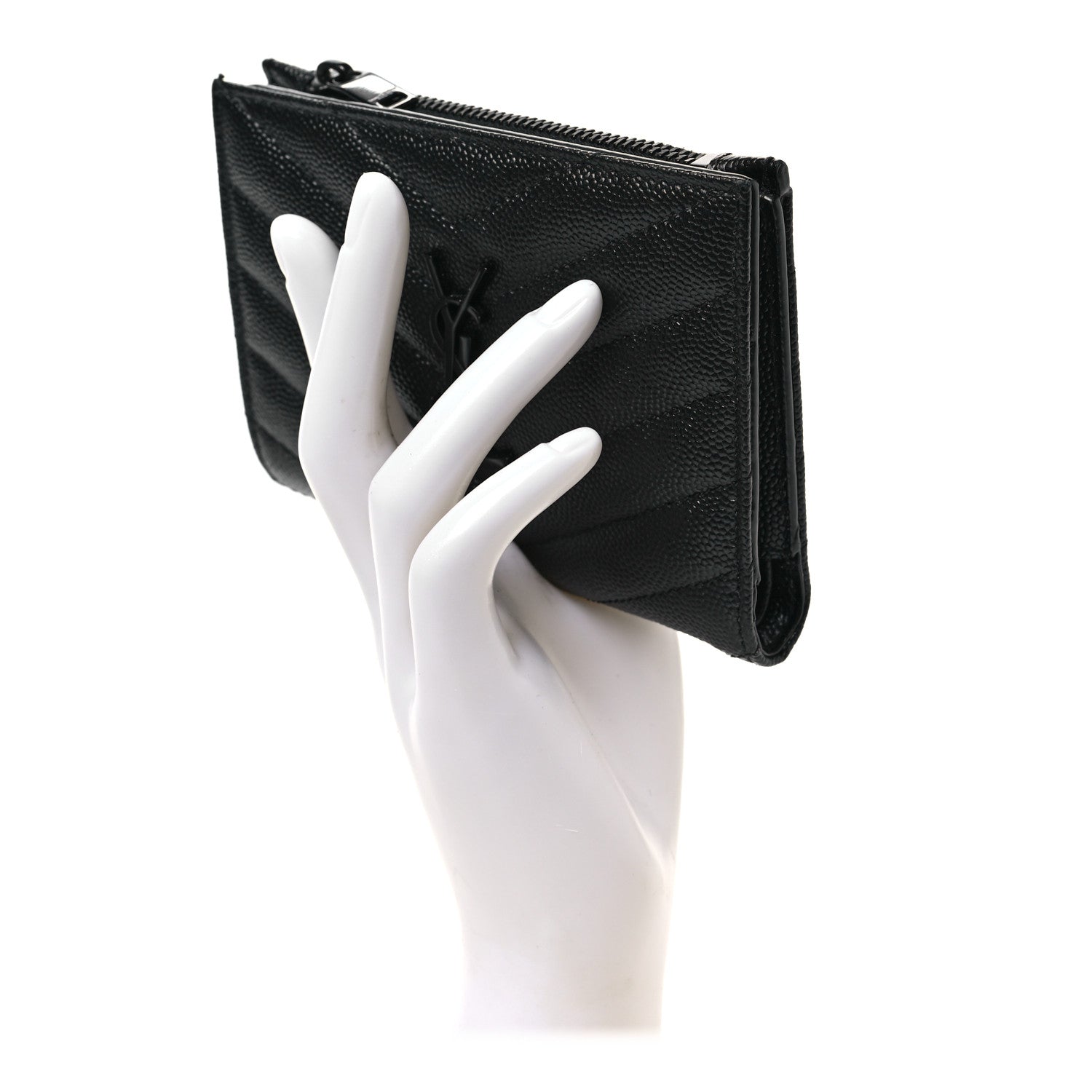 Saint Laurent Grain De Poudre Matelasse Chevron Monogram Zipped Two-Part Wallet Black 2 of 6