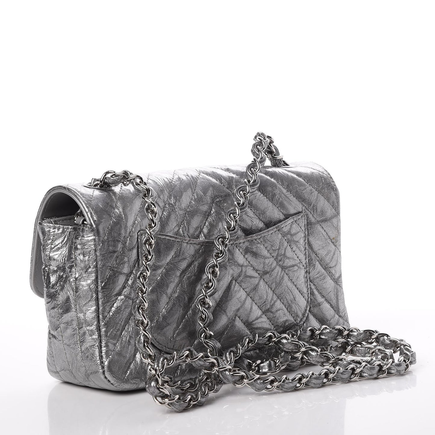 Patent Metallic Crumpled Calfskin Chevron Quilted Mini Rectangular Flap Silver