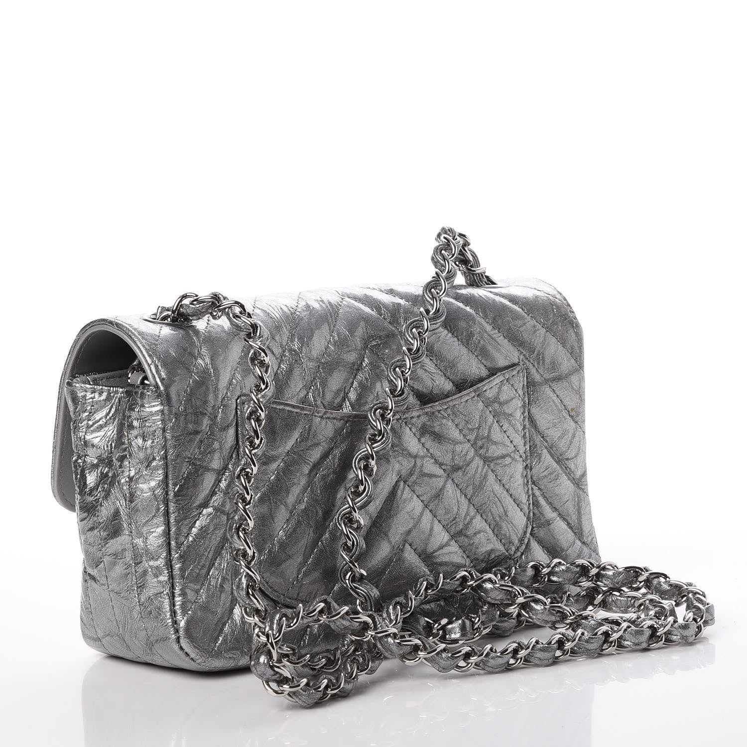 Chanel Patent Metallic Crumpled Calfskin Chevron Quilted Mini Rectangular Flap Silver 3 of 11