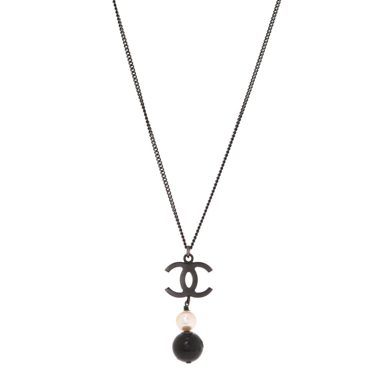 Chanel Resin CC Pearl Drop Necklace Ruthenium Black 1 of 5
