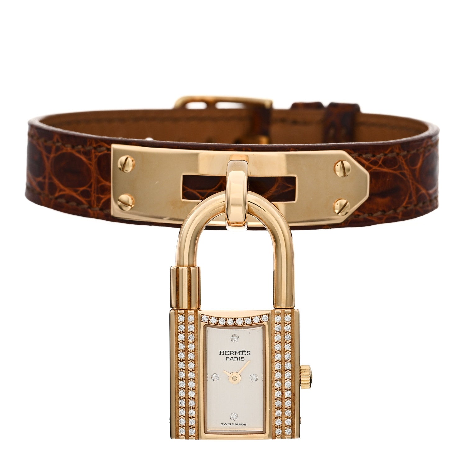 Hermes 18K Yellow Gold Crocodile Diamond 20mm Kelly Cadena Quartz Watch Brown 1 of 4
