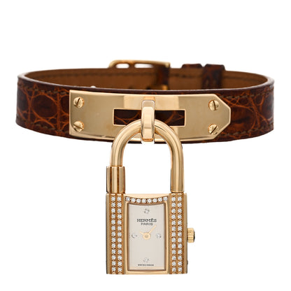 Hermes 18K Yellow Gold Crocodile Diamond 20mm Kelly Cadena Quartz Watch Brown 1 of 4