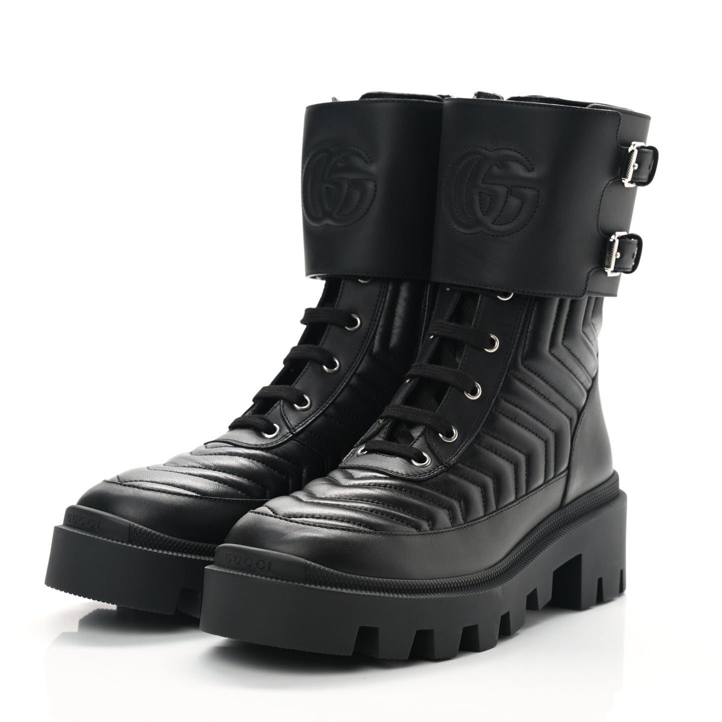 Nappa Frances GG Matelasse Platform Combat Boots 38.5 Black