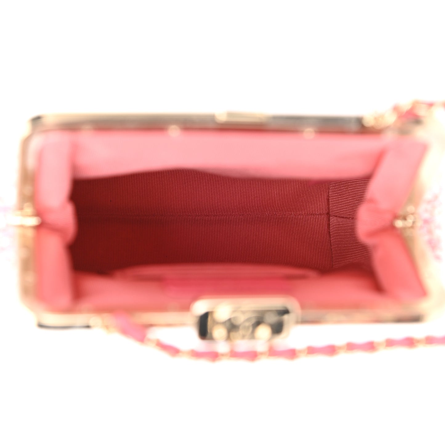 Tweed Kiss Lock Phone Holder With Chain Pale Pink Ecru