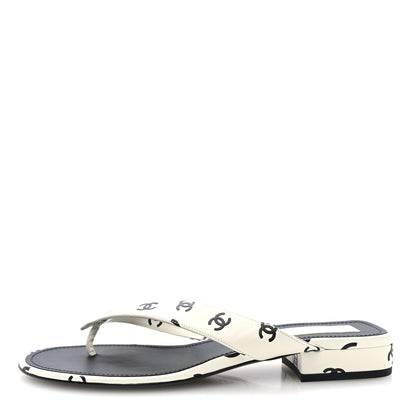 Chanel Lambskin Printed CC Thong Sandals 40 White Black 1 of 9
