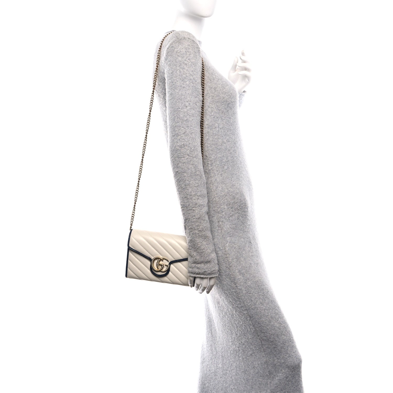 Gucci Vintage Effect Calfskin Matelasse Diagonal Torchon GG Marmont Chain Wallet Mystic White Blue Agata 2 of 13