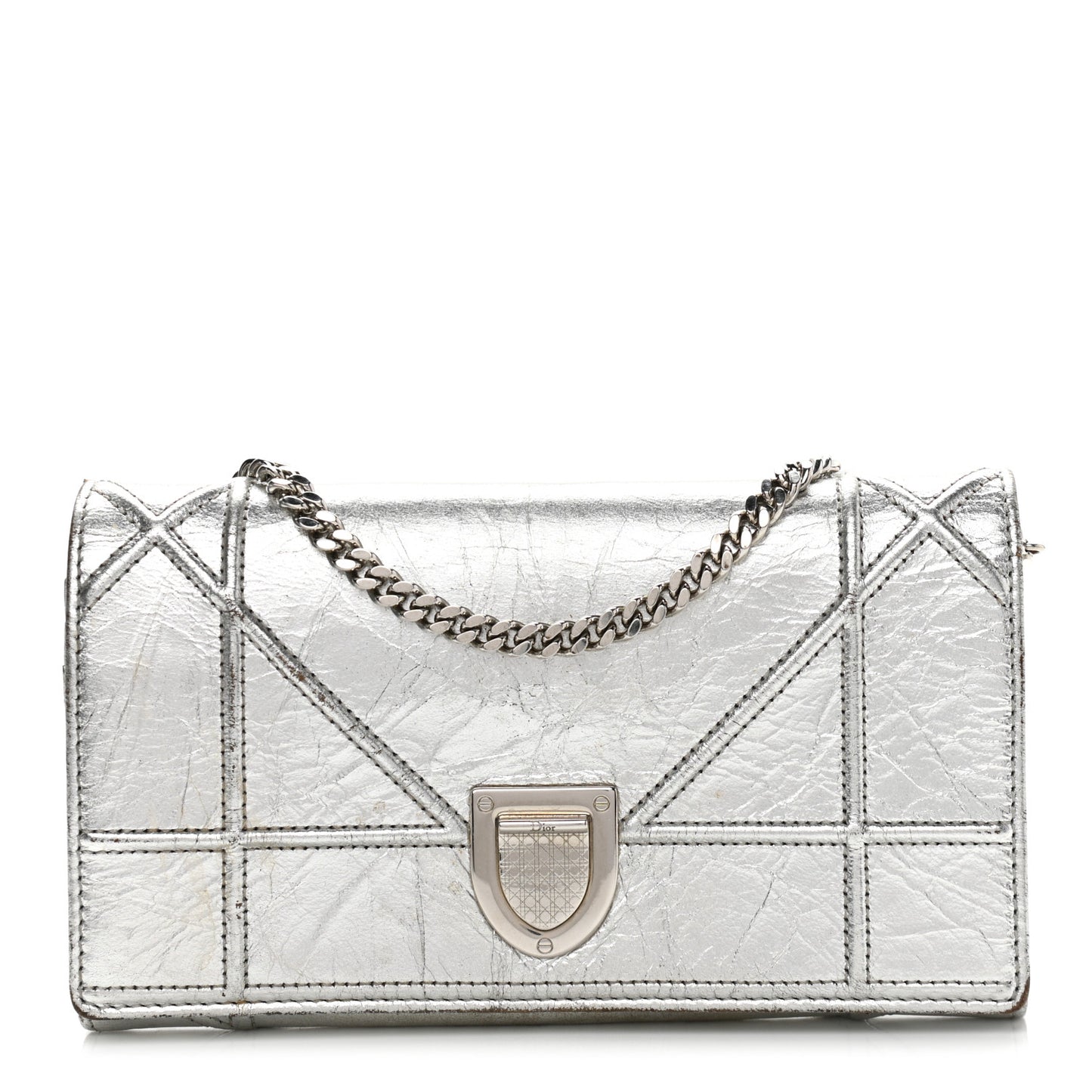 Metallic Crinkled Lambskin Diorama Croisiere Chain Wallet Silver