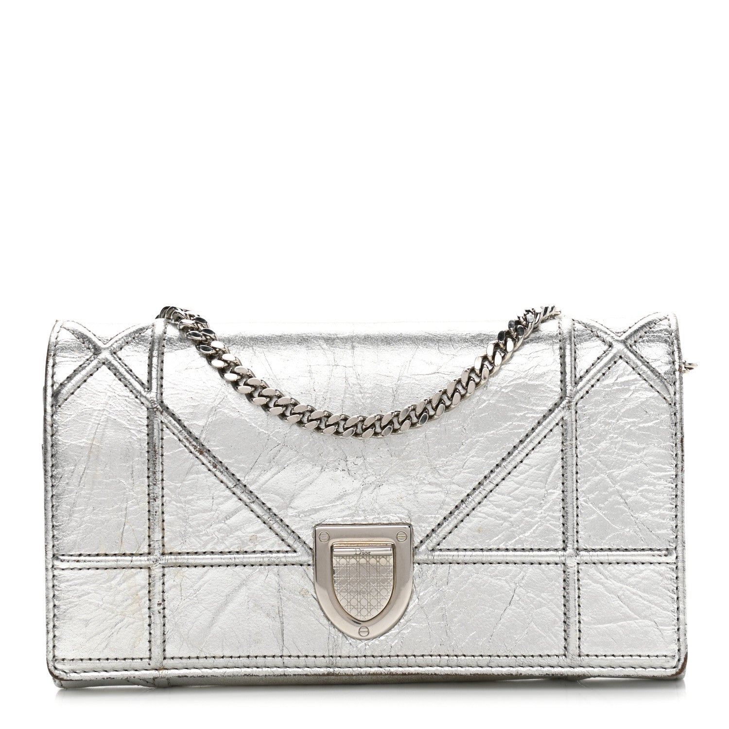 Christian Dior Metallic Crinkled Lambskin Diorama Croisiere Chain Wallet Silver 1 of 13