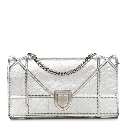 Christian Dior Metallic Crinkled Lambskin Diorama Croisiere Chain Wallet Silver 1 of 13