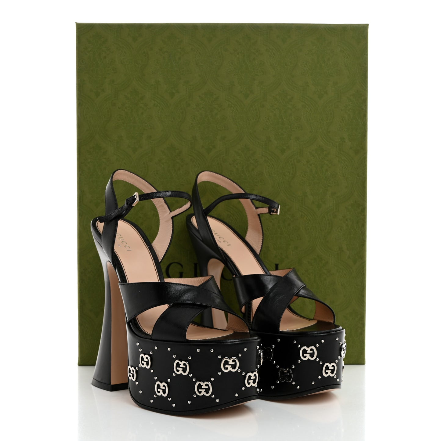 Malaga Kid Interlocking G Studs 155mm Platform Sandals 37 Perfect Black