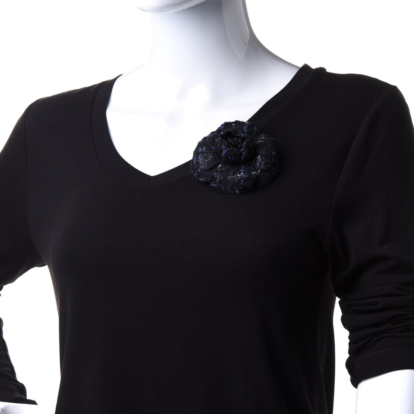 Tweed Camellia Pin Brooch Navy Blue