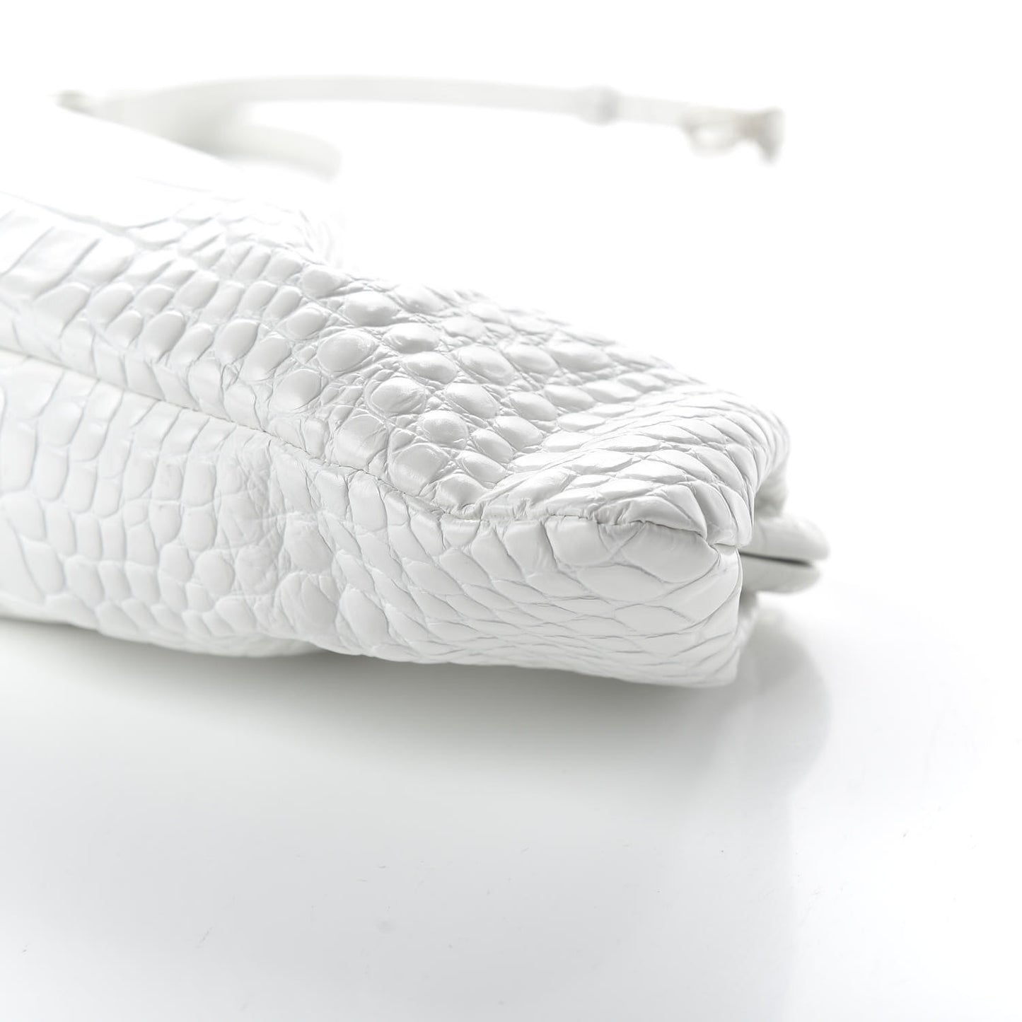 Shiny Supple Calfskin Logo Crocodile Embossed XL Cloud Clutch White