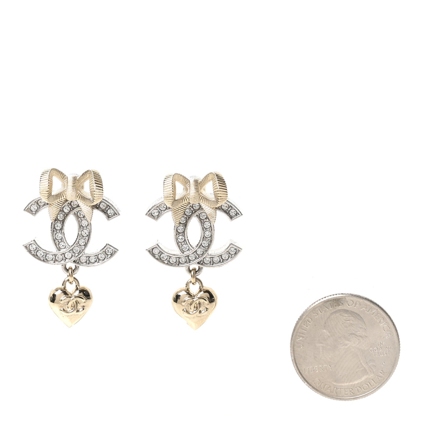 Crystal CC Bow Heart Pendant Earrings Silver Gold