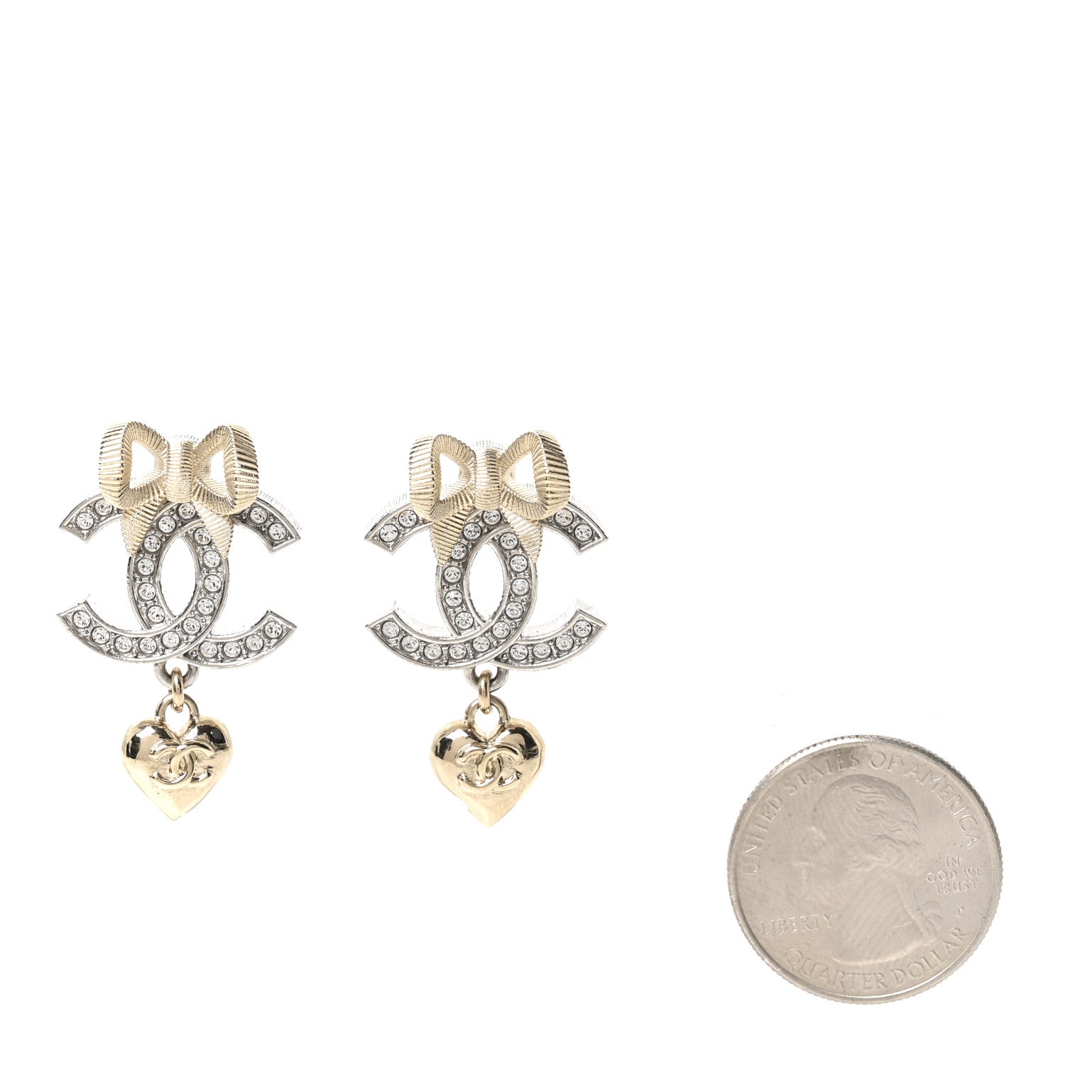 Chanel Crystal CC Bow Heart Pendant Earrings Silver Gold 2 of 5