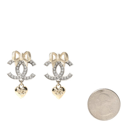 Chanel Crystal CC Bow Heart Pendant Earrings Silver Gold 2 of 5