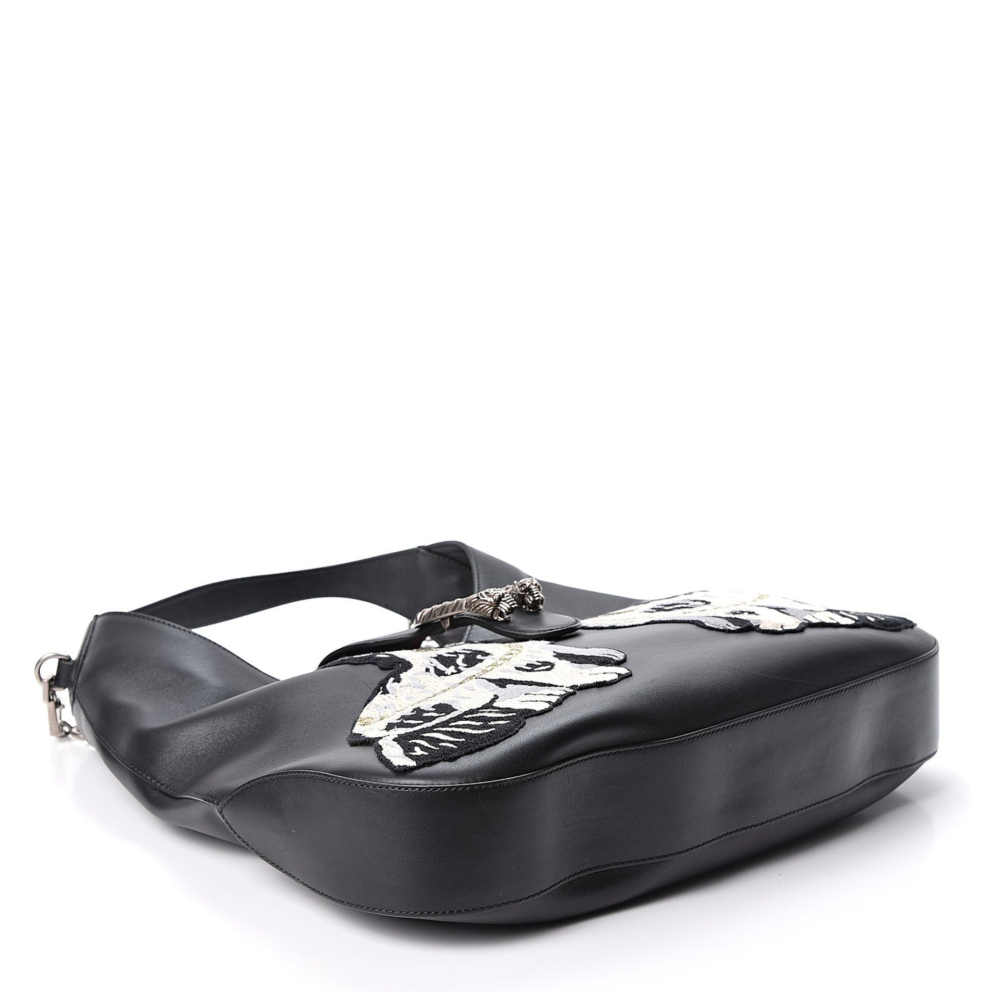 Calfskin Web Dog Embroidered Large Dionysus Hobo Black