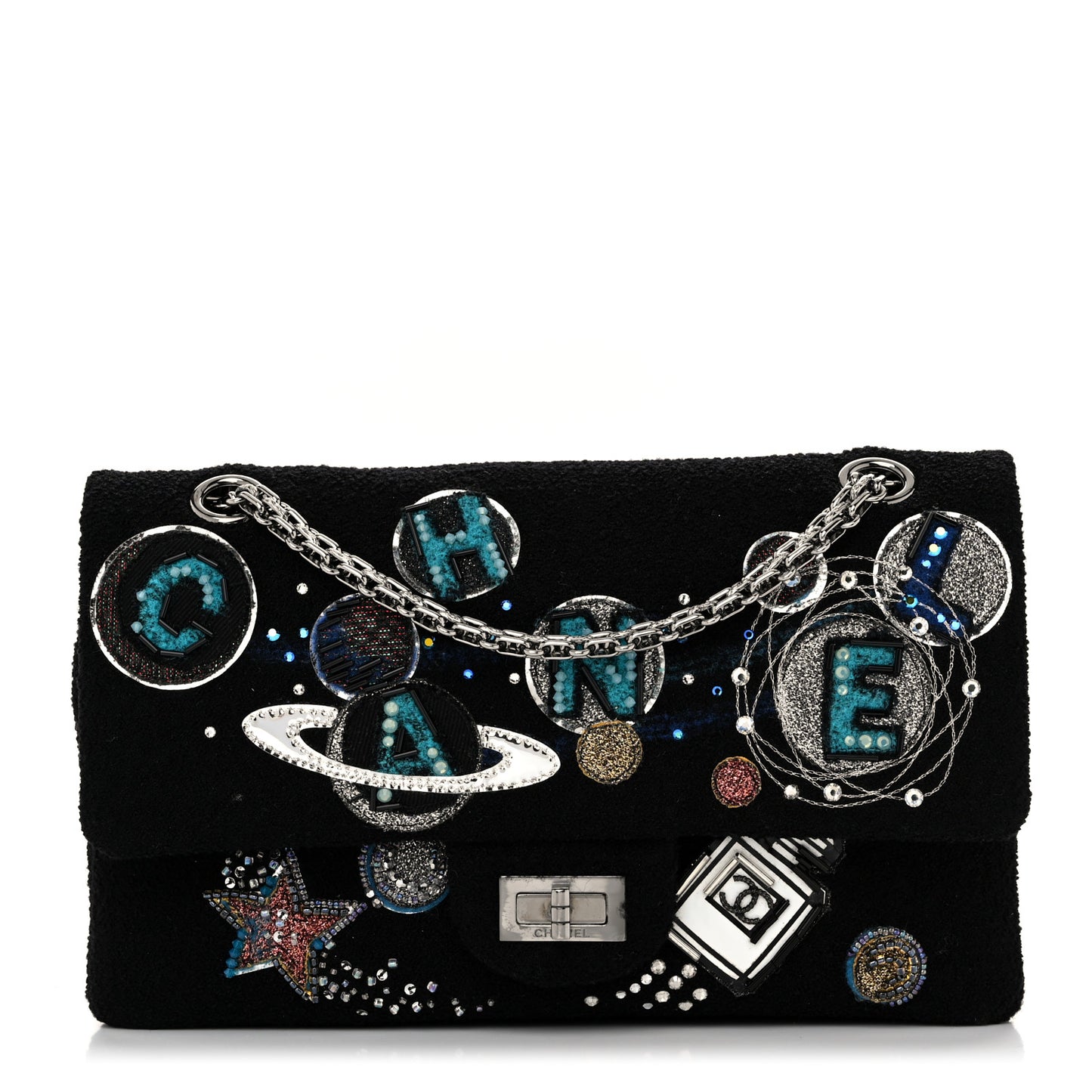 Boucle Tweed Crystal Bead Embellished Space Charms 2.55 Reissue 225 Flap Black Multicolor