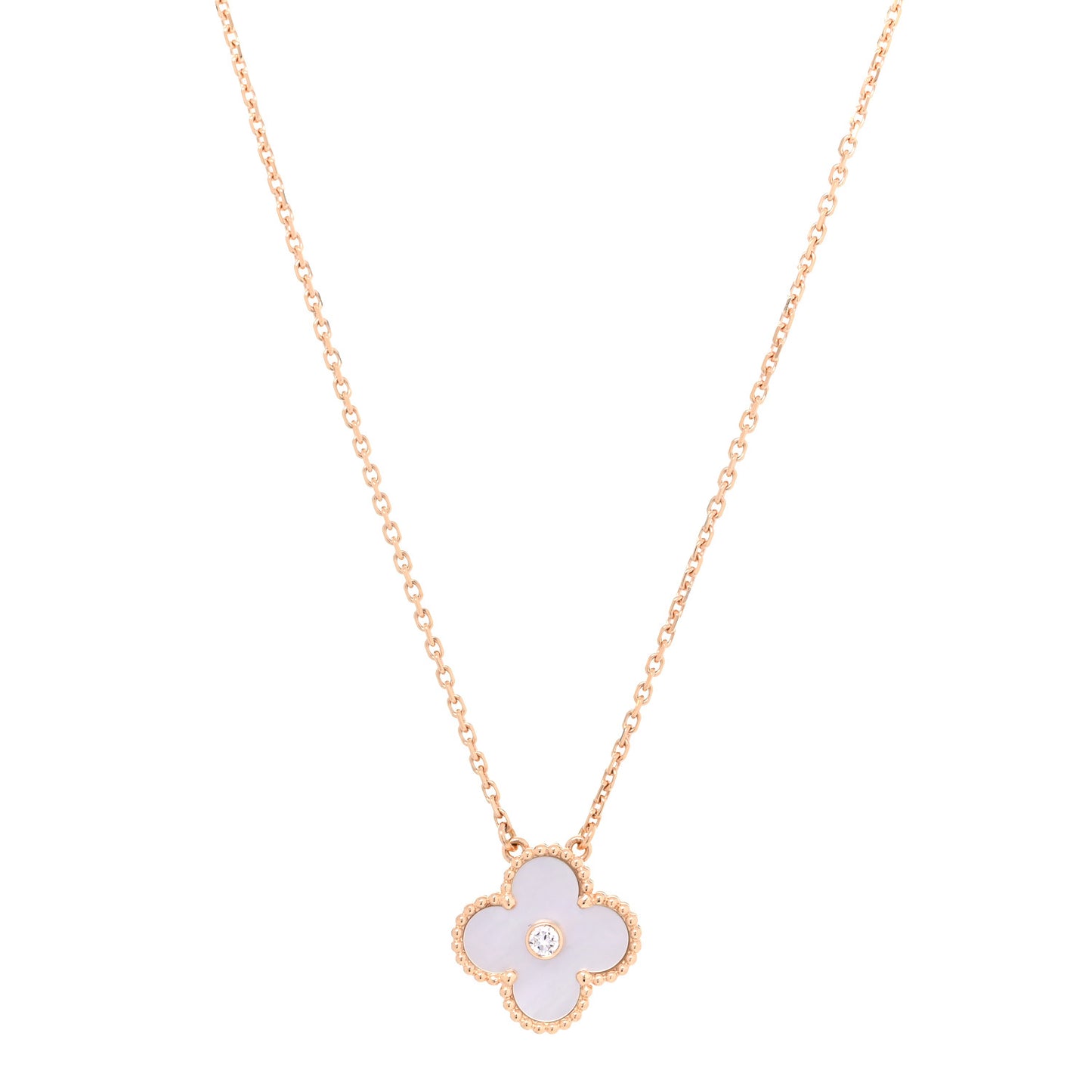 18K Rose Gold Diamond Mother of Pearl Vintage Alhambra Pendant Necklace