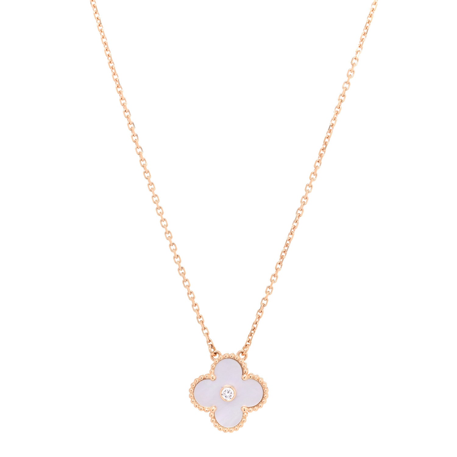 Van Cleef & Arpels 18K Rose Gold Diamond Mother of Pearl Vintage Alhambra Pendant Necklace 1 of 5