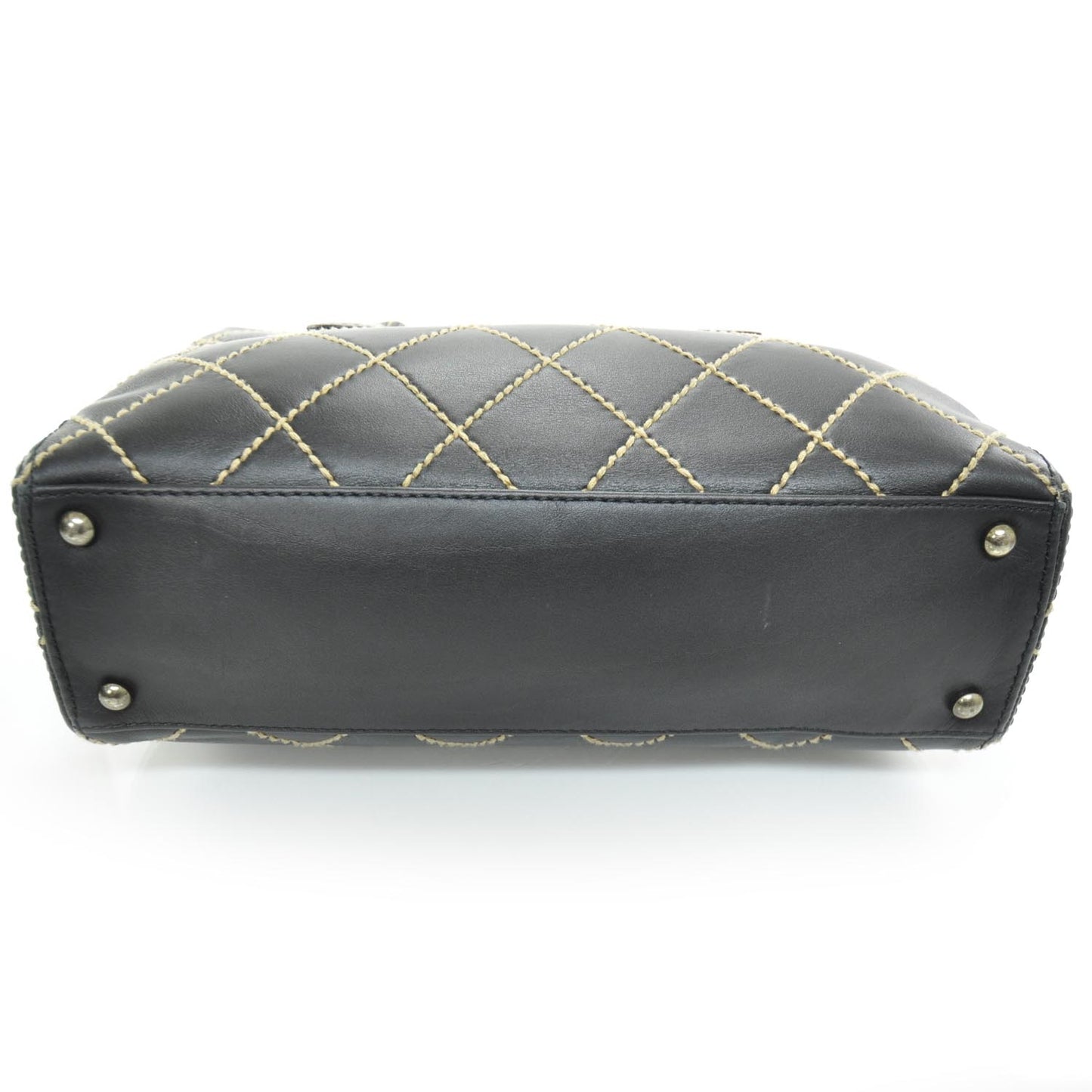 Leather Quilted Contrast Stitch Surpique Handbag Black