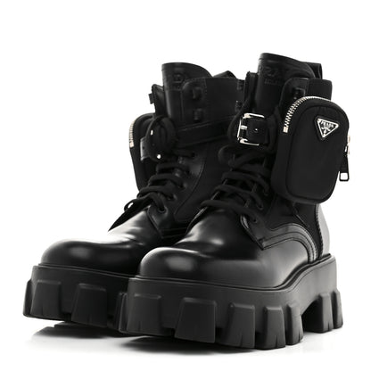 Prada Spazzolato Rois Nylon Metal Triangle Logo Monolith Pouch Pocket 55mm Boots 39 Black 4 of 10