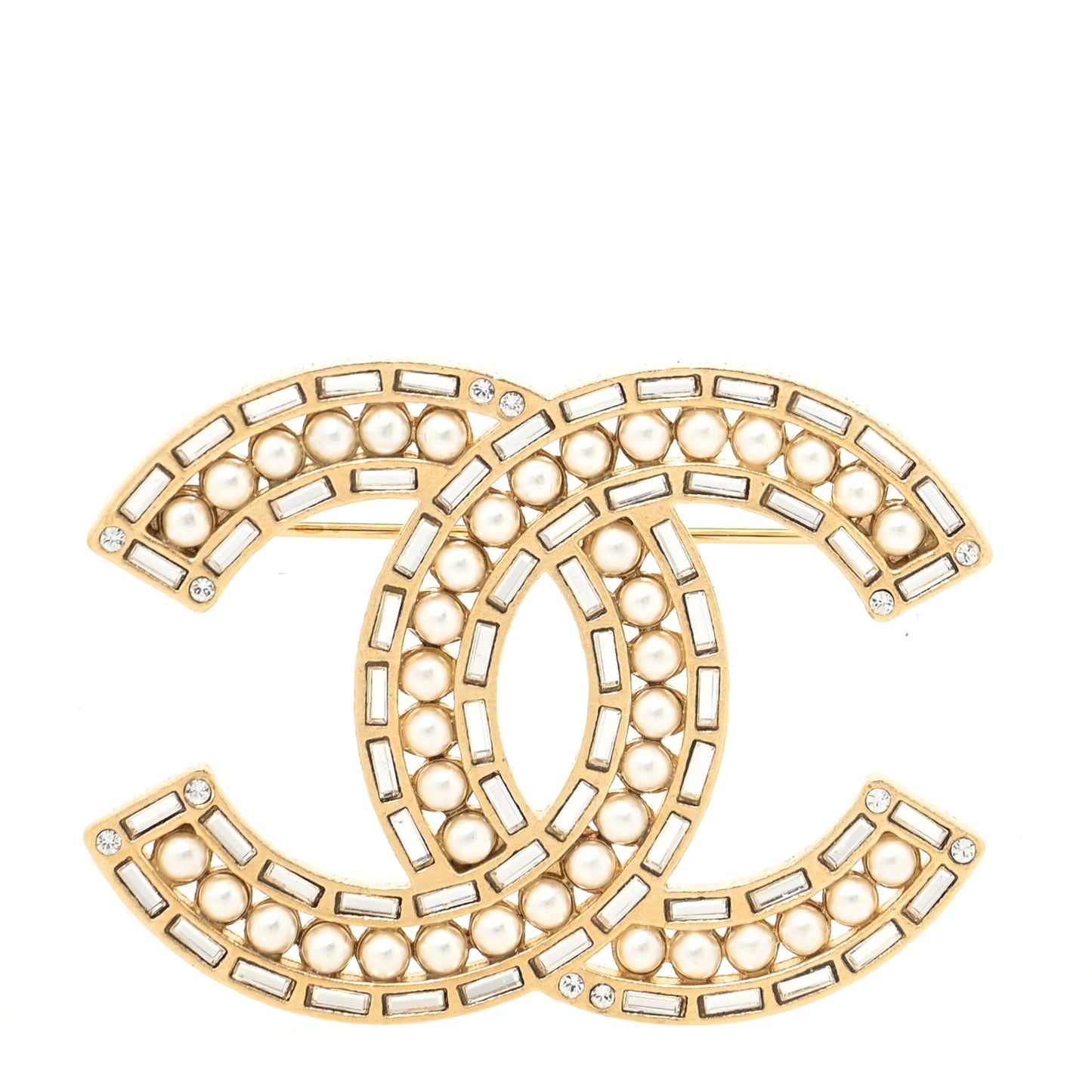Pearl Crystal Baguette CC Brooch Gold