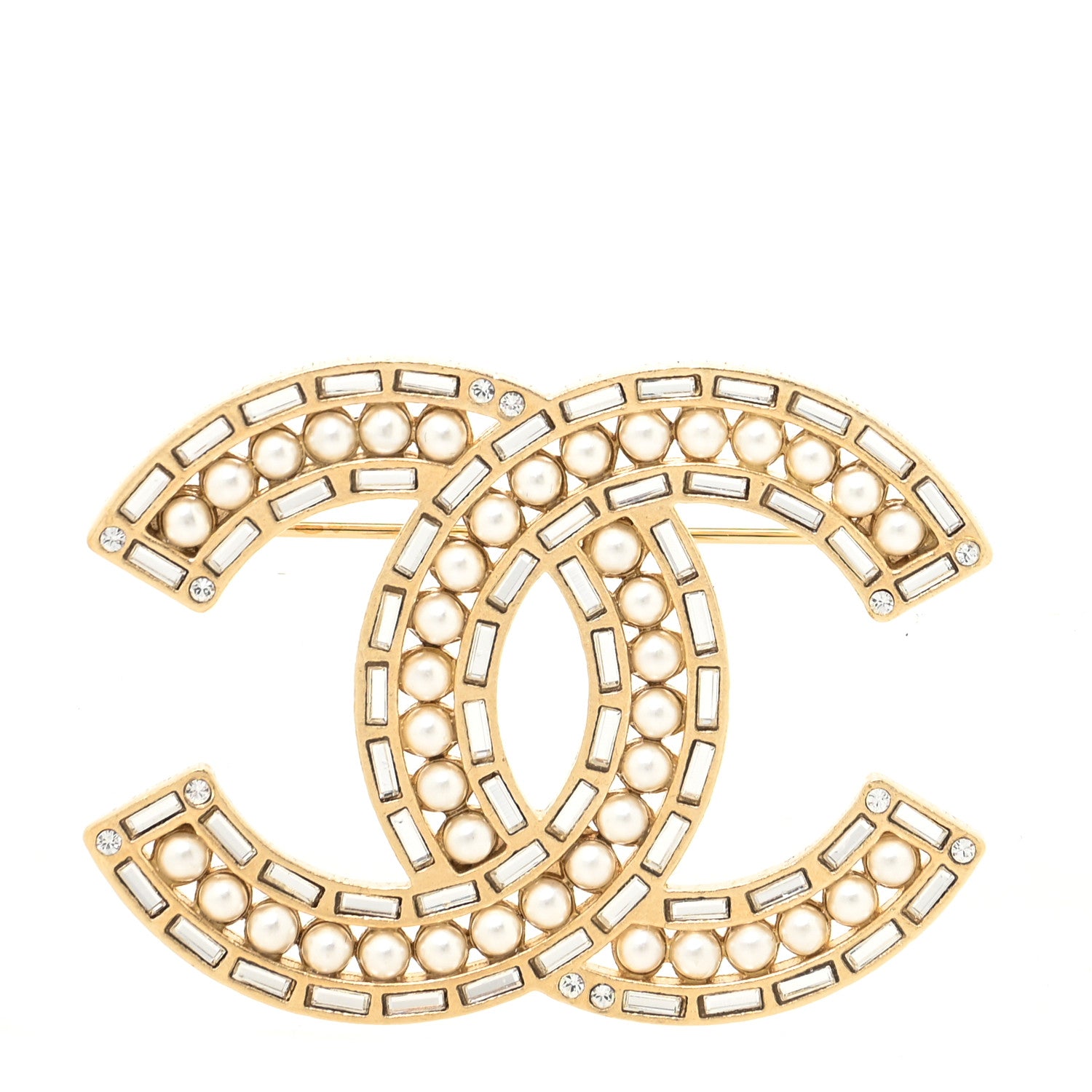 Chanel Pearl Crystal Baguette CC Brooch Gold 1 of 3