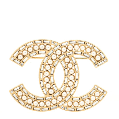 Chanel Pearl Crystal Baguette CC Brooch Gold 1 of 3