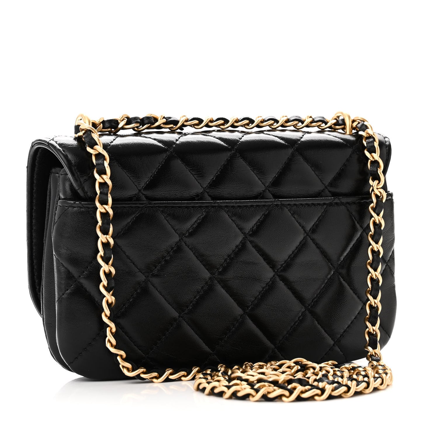 Shiny Lambskin Quilted Flap Phone Holder With Chain Black