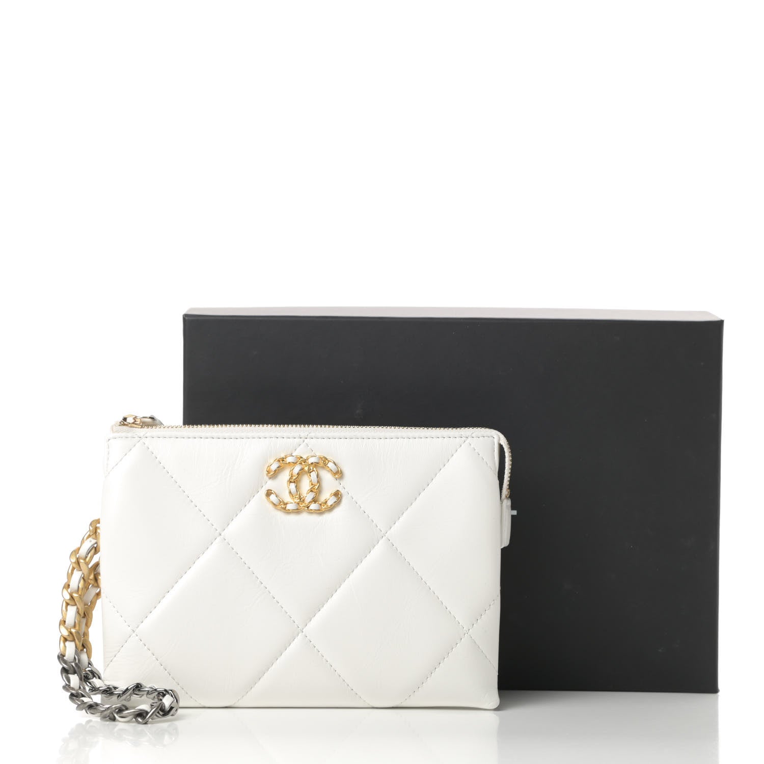 Chanel Shiny Goatskin Quilted Chanel 19 Small Pouch With Handle White 8 of 8