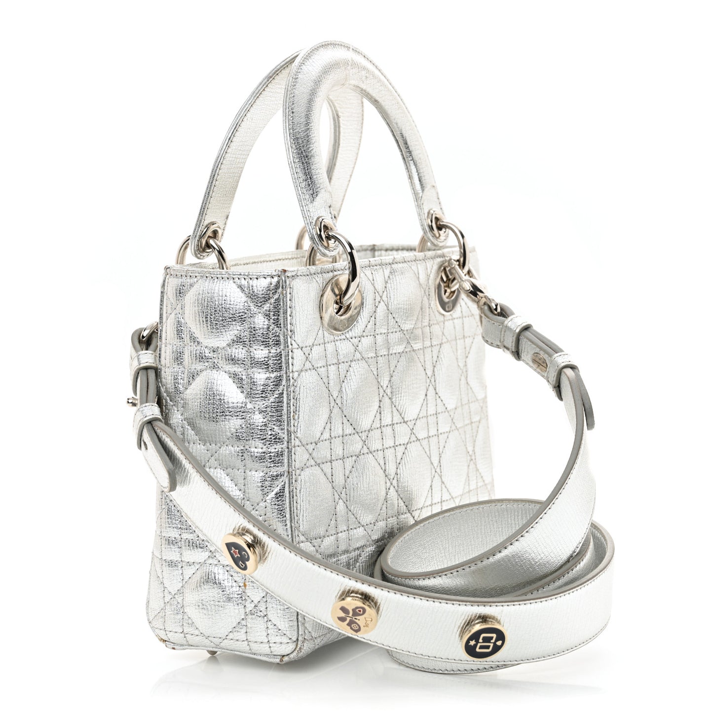 Metallic Grained Calfskin Cannage Small Lucky Badges My Lady Dior Silver