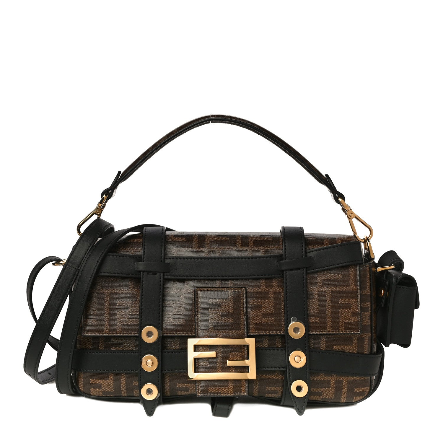 Fendi Glazed Fabric Vitello Century FF 1974 Large Baguette Cage Mogano Panna Black 1 of 9