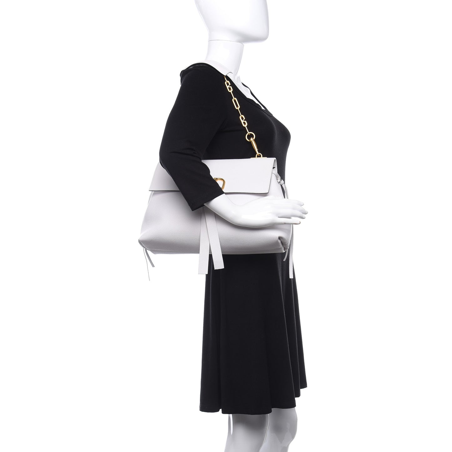 Pebbled Calfskin Large VRing Chain Shoulder Bag White