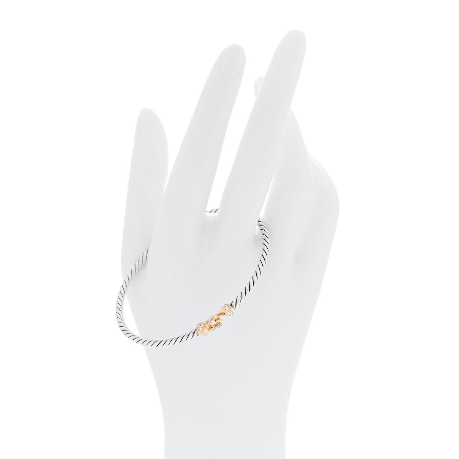 David Yurman Sterling Silver 18K Yellow Gold Diamond 3mm Cable Buckle Bracelet 2 of 4