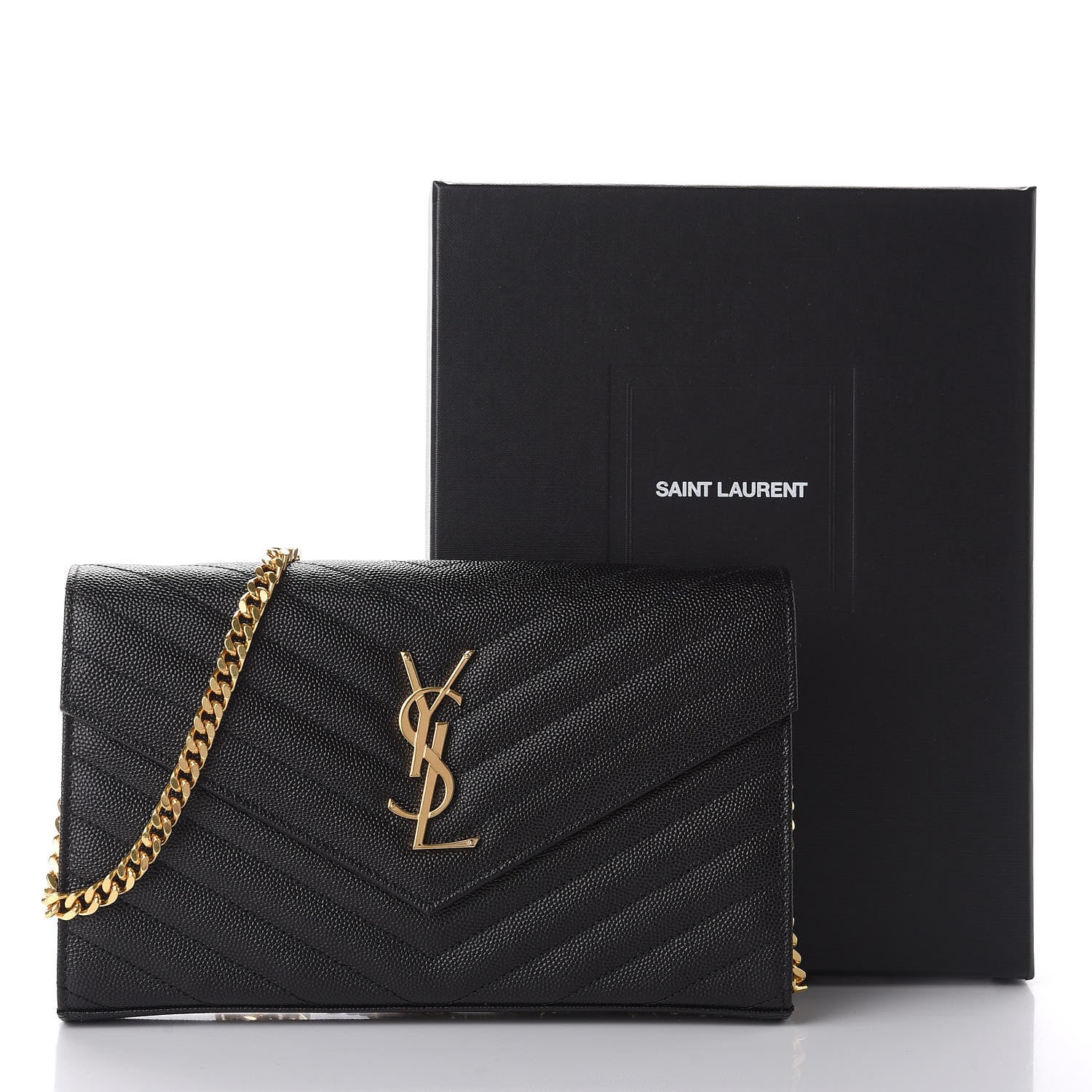 Saint Laurent Grain De Poudre Matelasse Chevron Monogram Chain Wallet Black 10 of 10