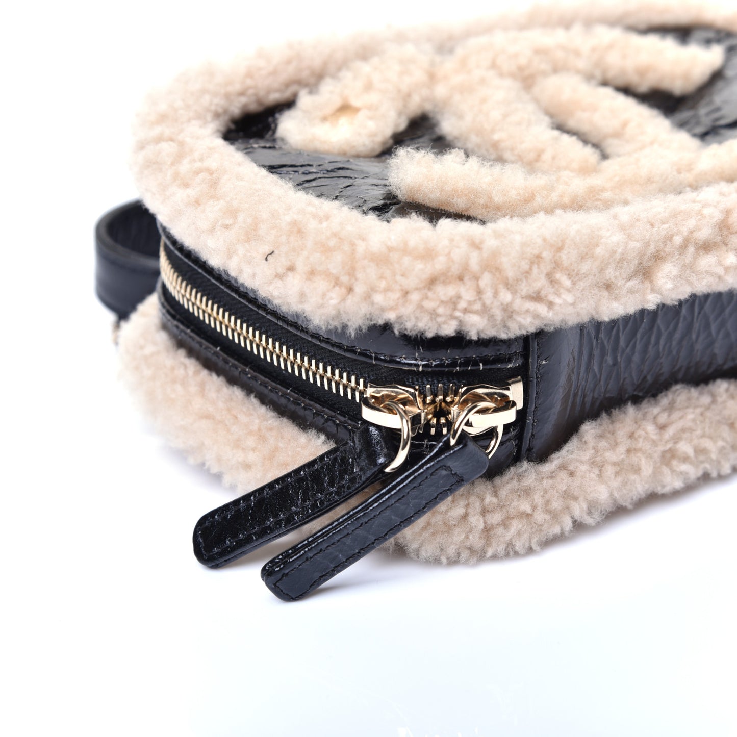 Shiny Crumpled Sheepskin Shearling Waist Bag Black Beige
