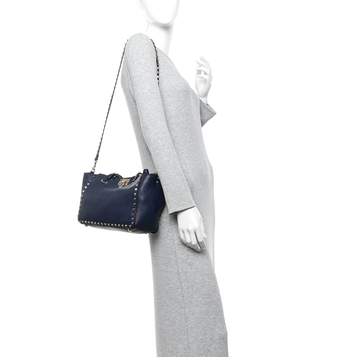 Pebbled Calfskin Small Rockstud Tote Deep Denim