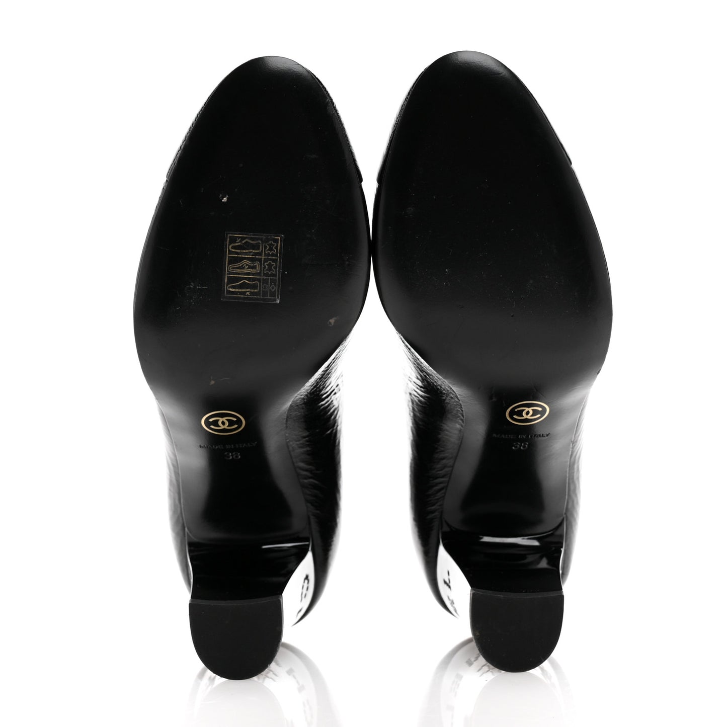 Patent Calfskin Crystal Cap Toe Logo Pumps 38 Black