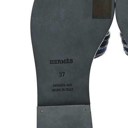 Hermes Suede Goatskin Crystal Oran Sandals 37 Bleu De Prusse Irisé 8 of 11