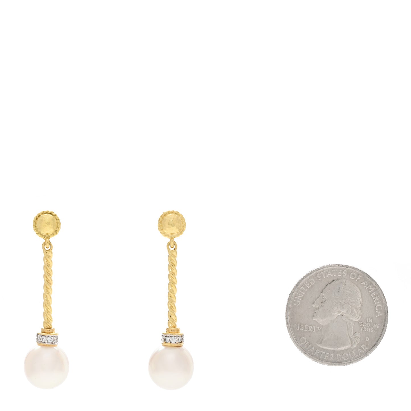 18K Yellow Gold Diamond Pearl Drop Earrings
