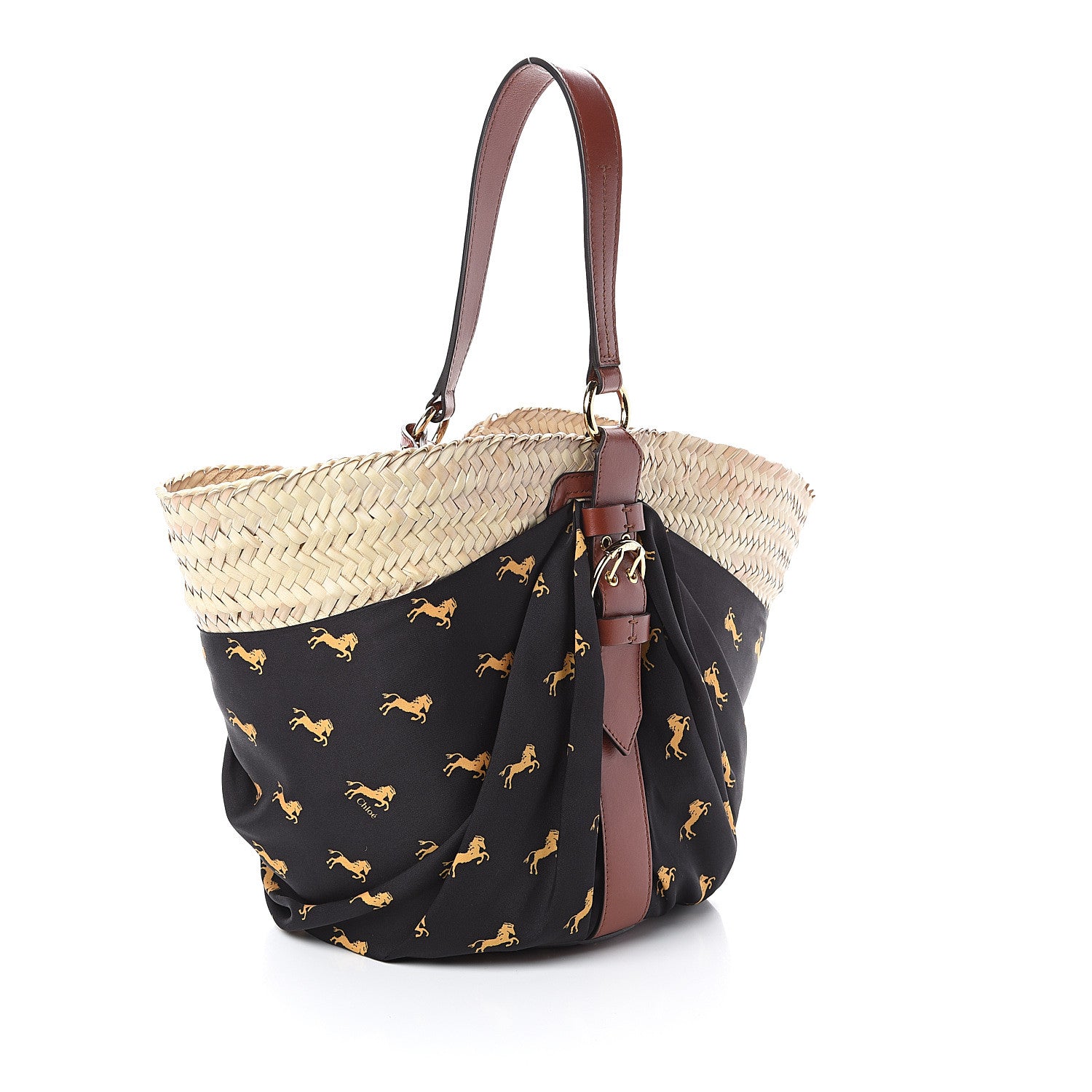 Chloe Smooth Calfskin Raffia Little Horses Medium Panier Basket Black Yellow 2 of 6